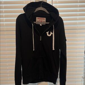 True Religion Black Zip-Up Hoodie with White Accents